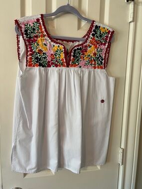 Margarita Mexican White Embroidered Blouse with Multicolor Stitching-Size M